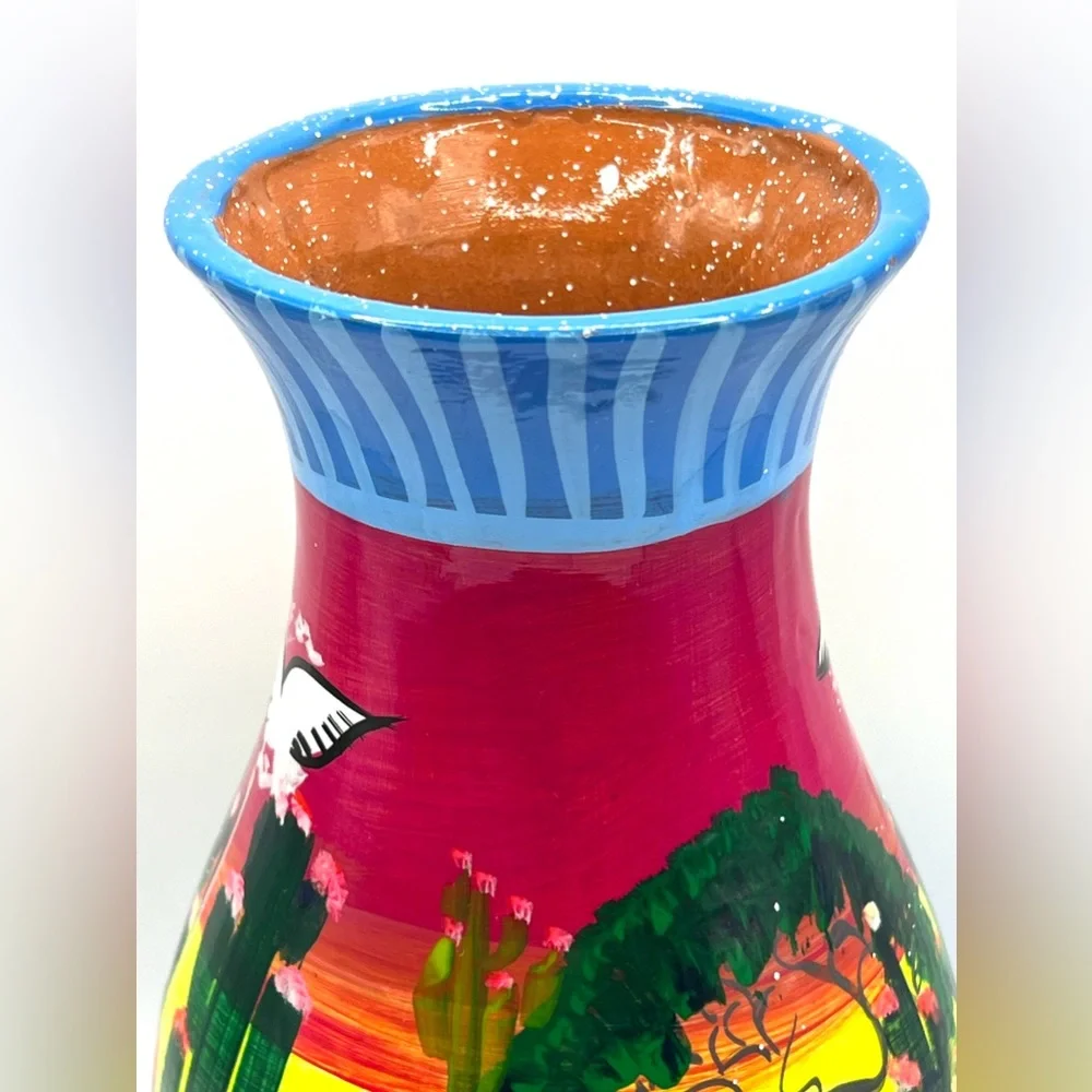 Mexican Talavera Folk Art Handpainted Colorful Flower Decorative Vase 8.5 in